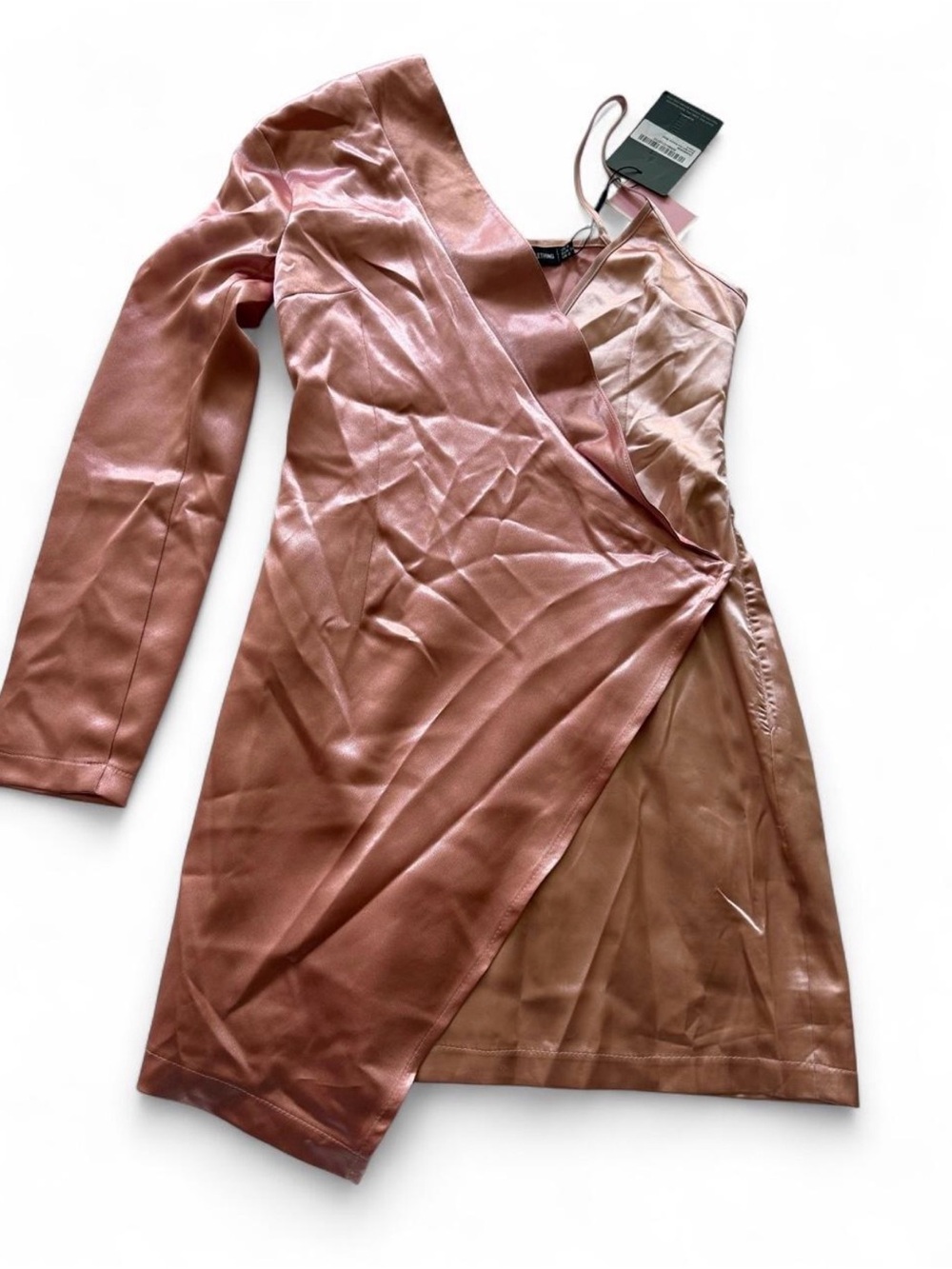 NWT PrettyLittleThing Satin Wrap-Style Pink Dress with One-Shoulder | US: 2